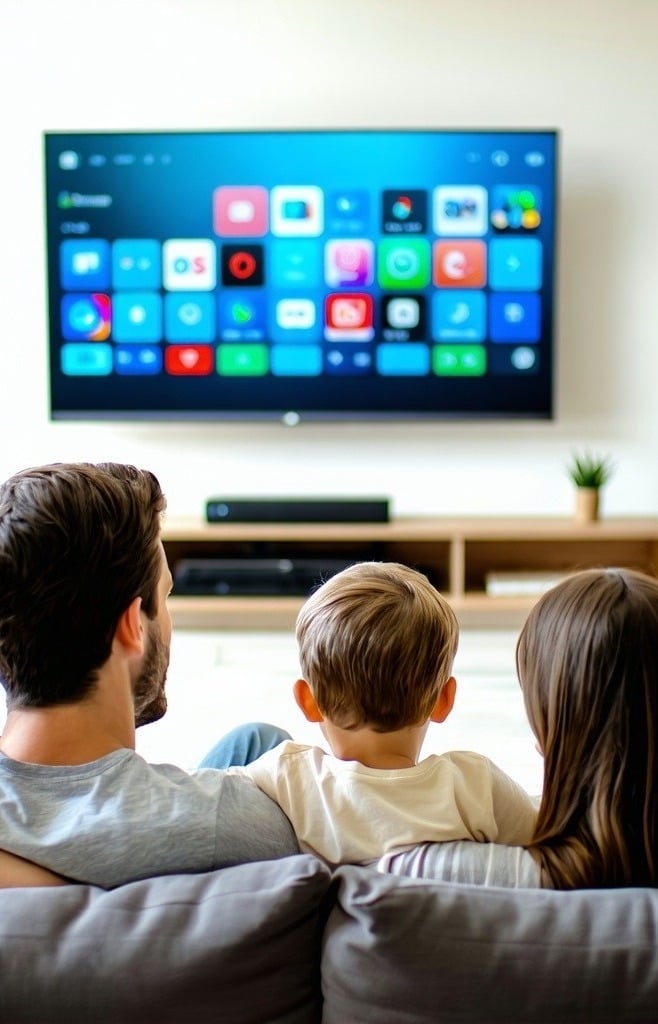 Affluent family relaxes watching tv on large tv-1-1