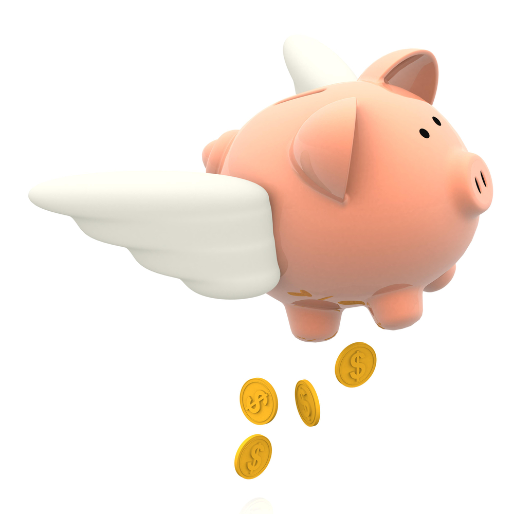 3D Elusive savings flying away in a piggybank - isolated over a white background